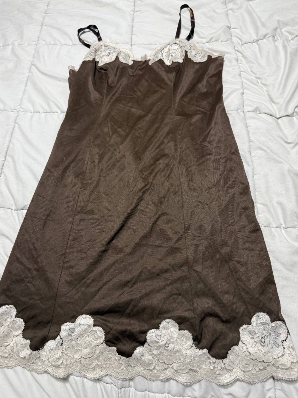 Women's VANITY FAIR Vintage Chocolate Slip Lace Trim Sz36 SMALL Pre-Owned